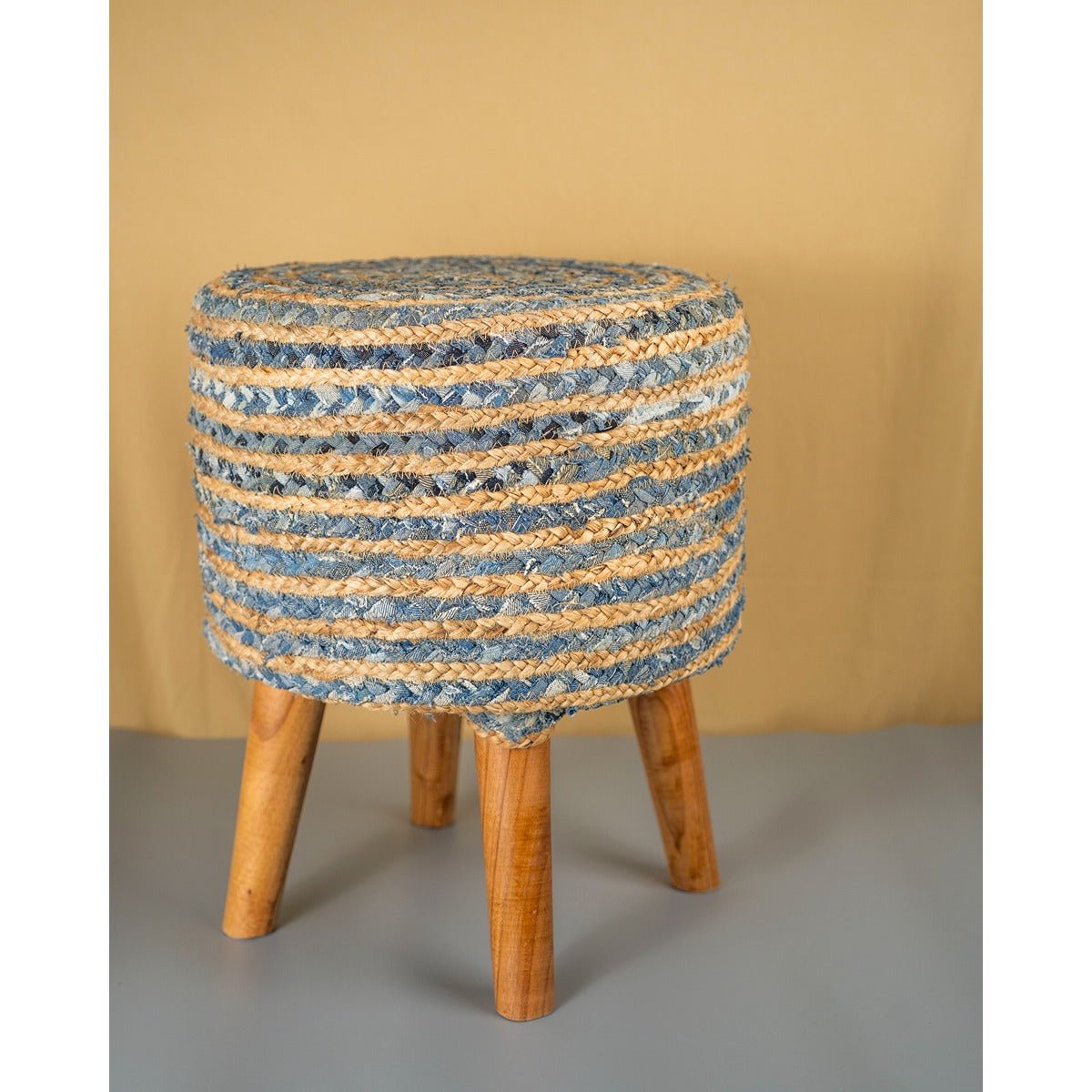 Jute Denim Stool | Blue Beige Handcrafted Wooden Seating – Home Décor on Brown Living™. SKU: ANTBBJDSHH. Img 2.