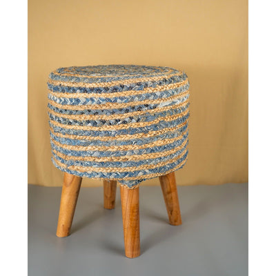 Jute Denim Stool | Blue Beige Handcrafted Wooden Seating – Home Décor on Brown Living™. SKU: ANTBBJDSHH. Img 2.