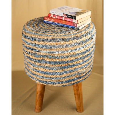 Jute Denim Stool | Blue Beige Handcrafted Wooden Seating – Home Décor on Brown Living™. SKU: ANTBBJDSHH. Img 6.