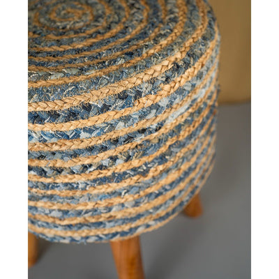 Jute Denim Stool | Blue Beige Handcrafted Wooden Seating – Home Décor on Brown Living™. SKU: ANTBBJDSHH. Img 3.