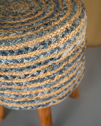 Jute Denim Stool | Blue Beige Handcrafted Wooden Seating – Home Décor on Brown Living™. SKU: ANTBBJDSHH. Img 2.