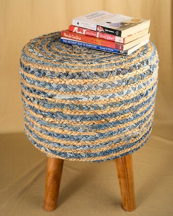 Jute Denim Stool | Blue Beige Handcrafted Wooden Seating – Home Décor on Brown Living™. SKU: ANTBBJDSHH. Img 3.