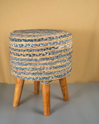 Jute Denim Stool | Blue Beige Handcrafted Wooden Seating – Home Décor on Brown Living™. SKU: ANTBBJDSHH. Img 5.