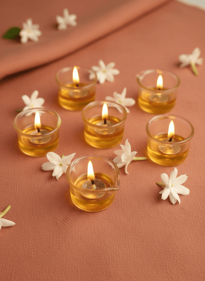 Jyot Brass & Glass Diyas – Set of 6 | Handmade Decorative Diyas – Candles & Fragrances on Brown Living™. SKU: JDSRH01. Img 10.