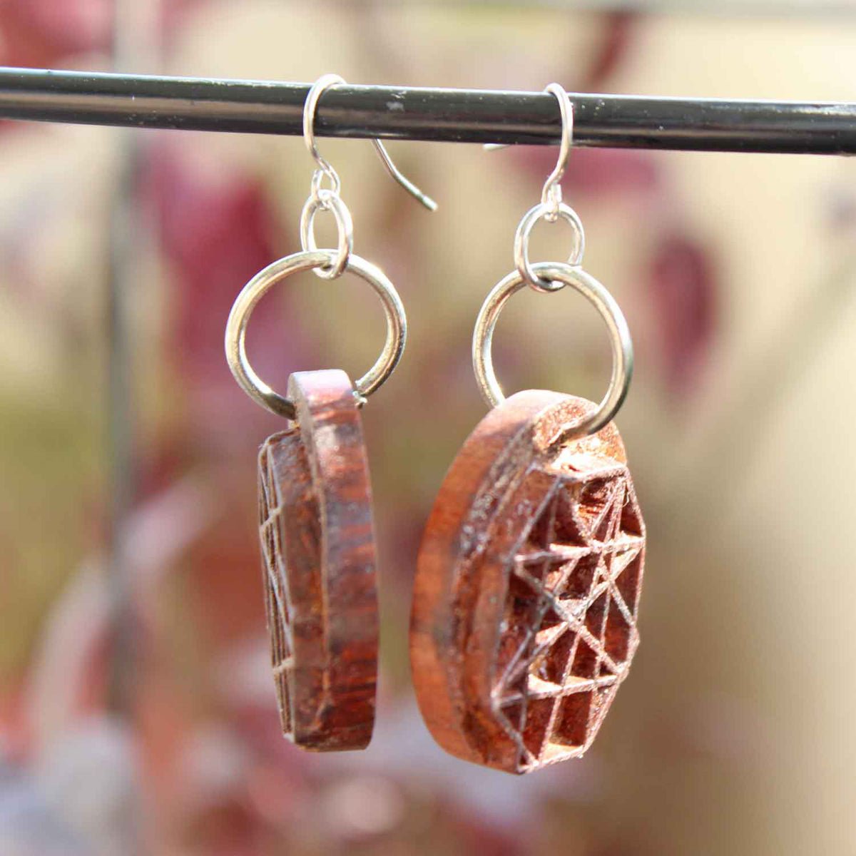 Kaarthika Rekh Wooden Earrings With Wood Block Carving – Jewellery on Brown Living™. SKU: UARKHWJER009. Img 2.