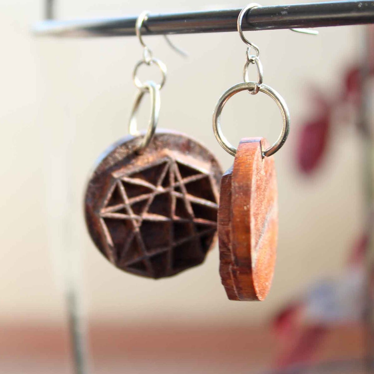Kaarthika Rekh Wooden Earrings With Wood Block Carving – Jewellery on Brown Living™. SKU: UARKHWJER009. Img 3.