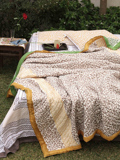 Reversible Hand - Printed Quilt - Luxe Comfort in Green & Yellow | Verified Sustainable by Brown Living™