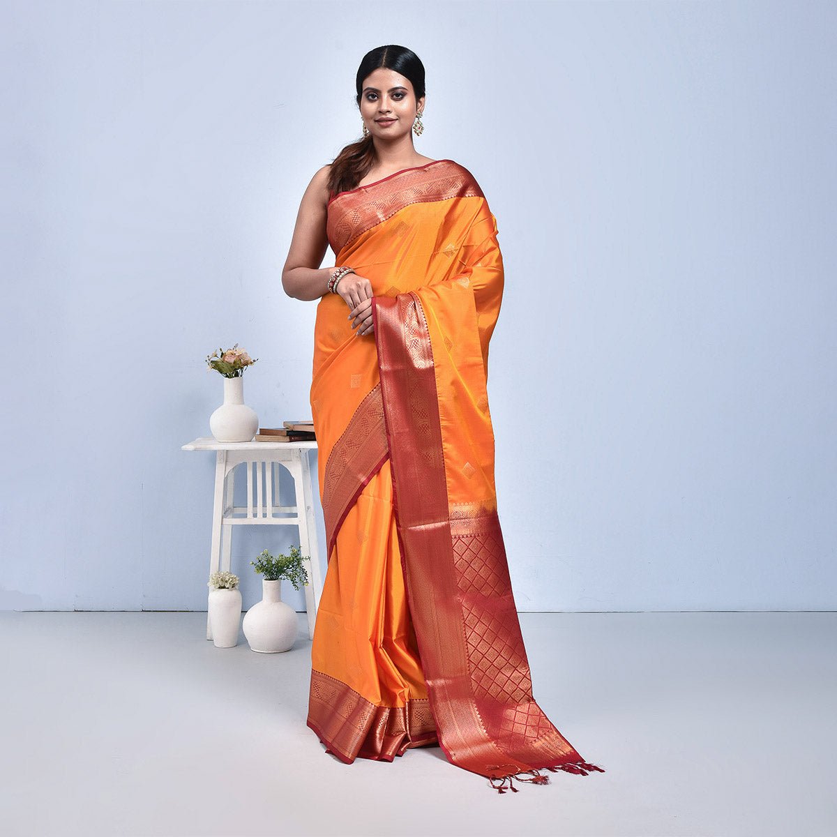 Kanjeevaram Handwoven Pure Silk Saree – Womens Saree on Brown Living™. SKU: ST - KAN - YEL - 01. Img 1.