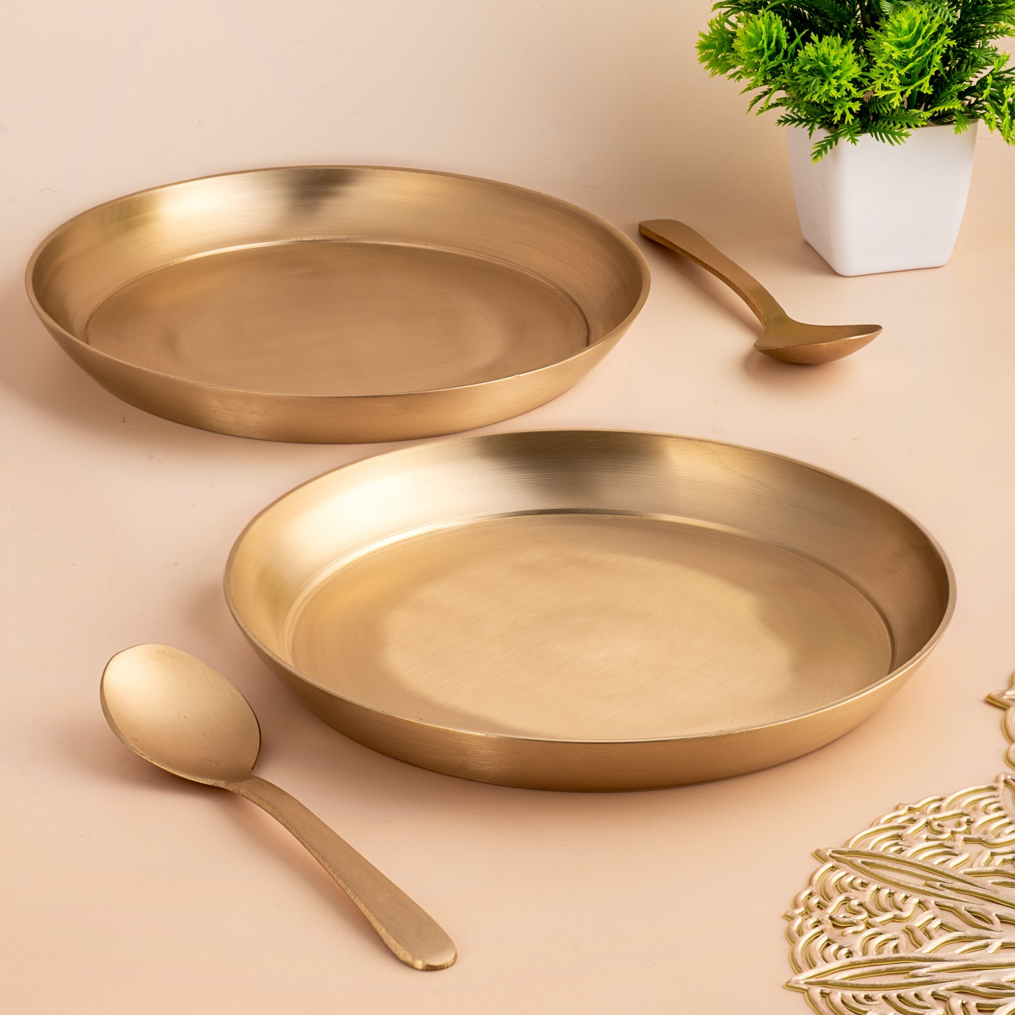 Kansa Bronze Quarter Plate Set of 6 – Traditional Dinnerware – Plates & Bowls on Brown Living™. SKU: B37. Img 1.
