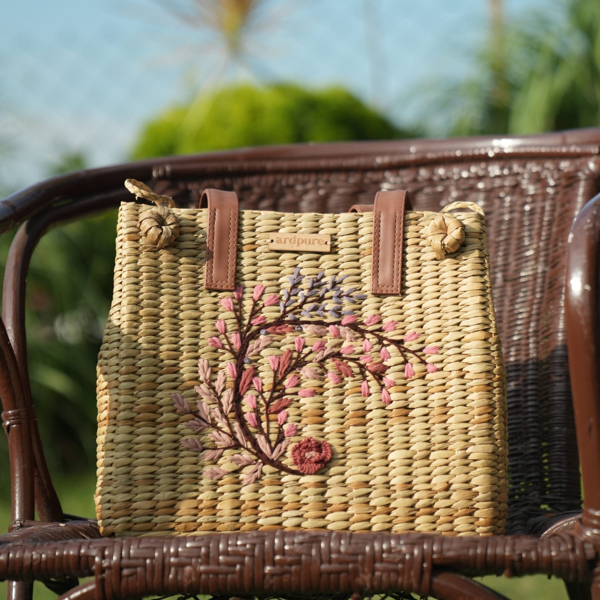 Kauna Embroidery Picnic Bag | Handwoven Natural & Stylish Bag – Handbags on Brown Living™. SKU: 445KD. Img 1.