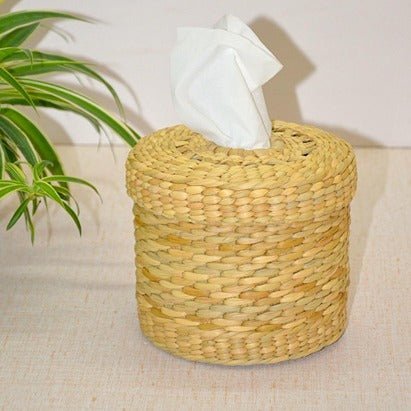 Kauna Round Tissue Box - Natural – Baskets & Boxes on Brown Living™. SKU: KARTBX028A. Img 1.