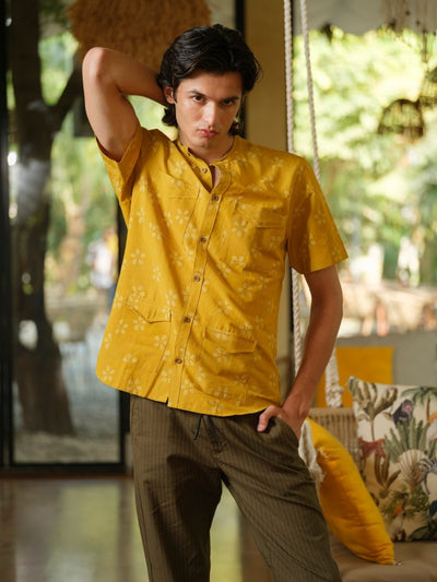 Kaushalam - Block Print Yellow Shirt – Mens Shirt by Vasudhaa Vastrram available on Brown Living™. S . SKU: VBLHS6S001M5002. Img 4.