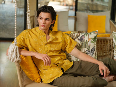 Kaushalam - Block Print Yellow Shirt – Mens Shirt by Vasudhaa Vastrram available on Brown Living™. S . SKU: VBLHS6S001M5002. Img 2.