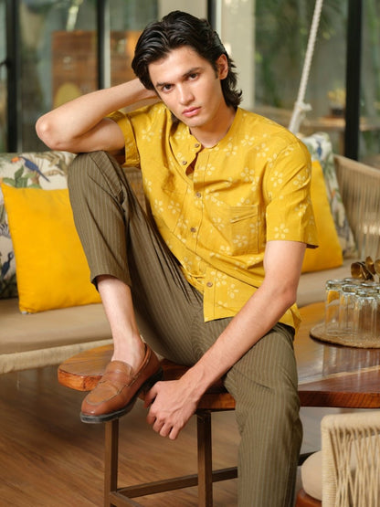 Kaushalam - Block Print Yellow Shirt – Mens Shirt by Vasudhaa Vastrram available on Brown Living™. S . SKU: VBLHS6S001M5002. Img 1.