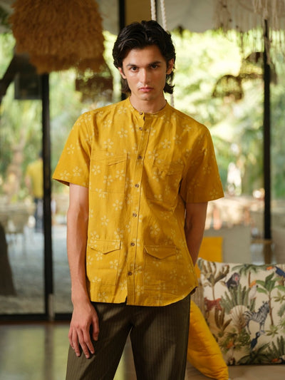 Kaushalam - Block Print Yellow Shirt – Mens Shirt by Vasudhaa Vastrram available on Brown Living™. S . SKU: VBLHS6S001M5002. Img 3.