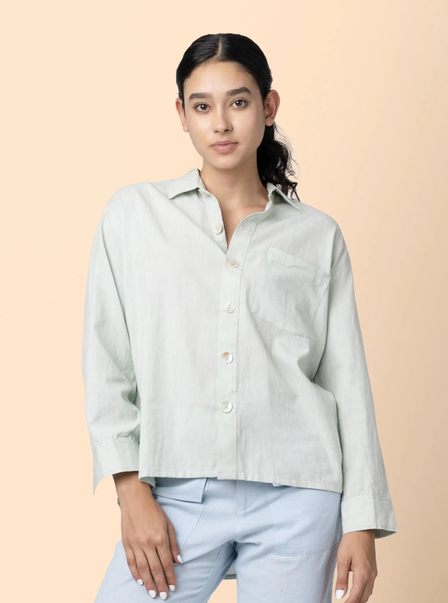 Kaya – Organic Cotton Linen Classic Shirt – Men Shirt by Phuhar's available on Brown Living™. Green Xs. SKU: pH2011. Img 7.