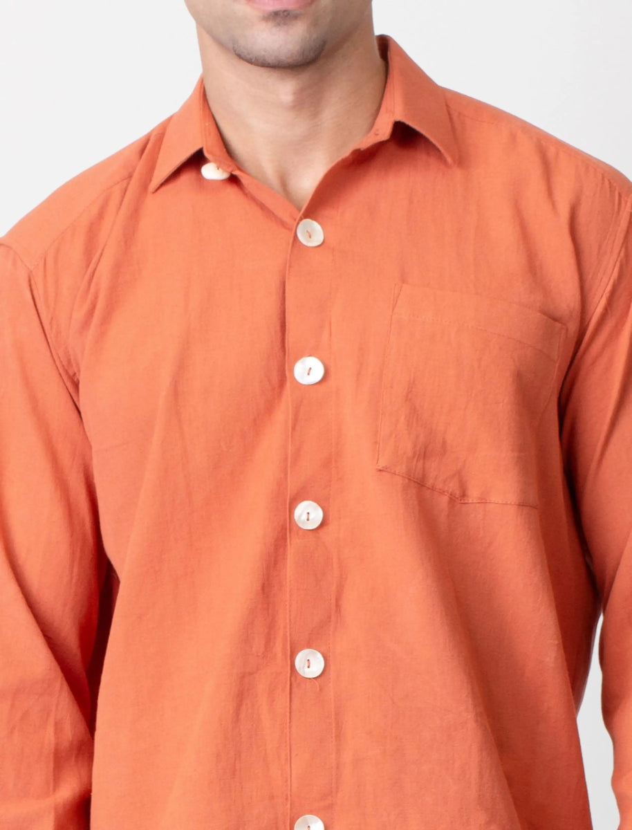 Kaya – Organic Cotton Linen Classic Shirt – Men Shirt by Phuhar's available on Brown Living™. Rust Xs. SKU: pH2061. Img 4.