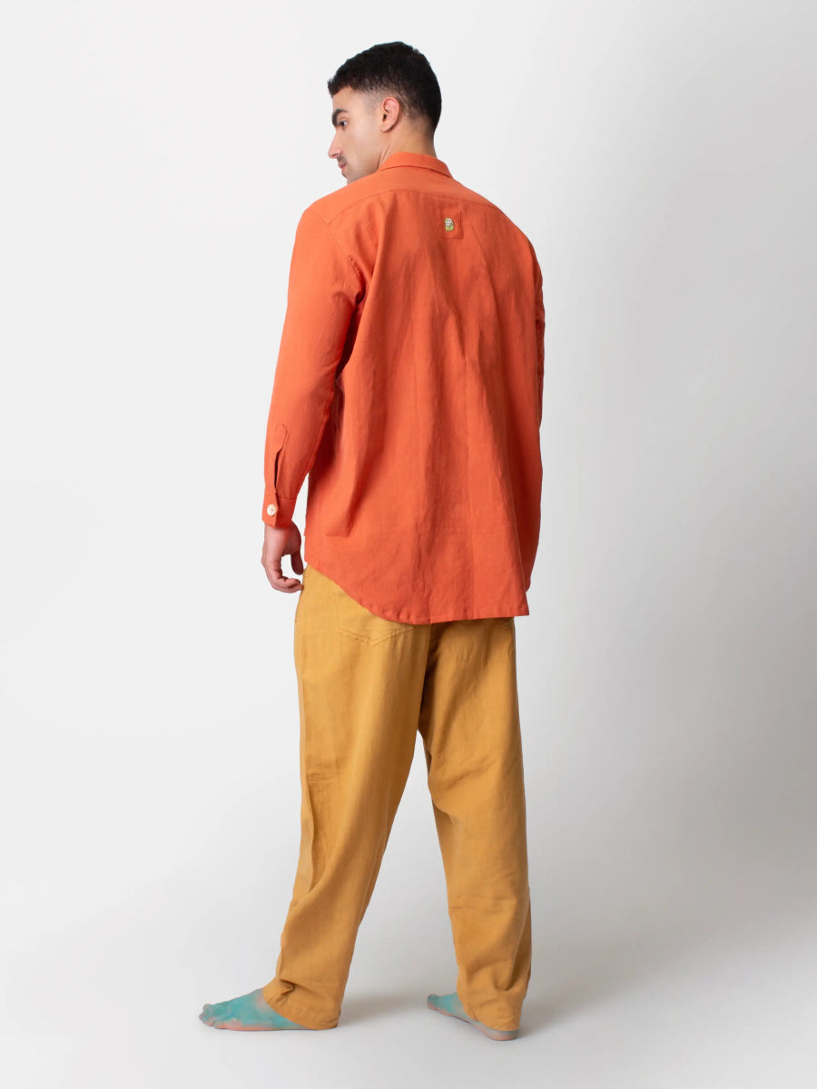 Kaya – Organic Cotton Linen Classic Shirt – Men Shirt by Phuhar's available on Brown Living™. Rust Xs. SKU: pH2061. Img 3.