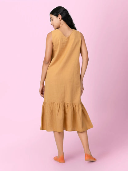 Kendey – Organic Cotton Linen Tiered Midi Dress – Womens Dress by Phuhar's available on Brown Living™. Mustard Xs. SKU: pH1461. Img 3.