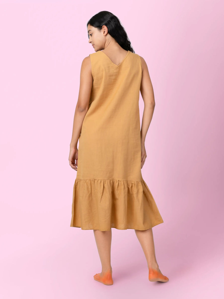 Kendey – Organic Cotton Linen Tiered Midi Dress – Womens Dress by Phuhar's available on Brown Living™. Mustard Xs. SKU: pH1461. Img 3.