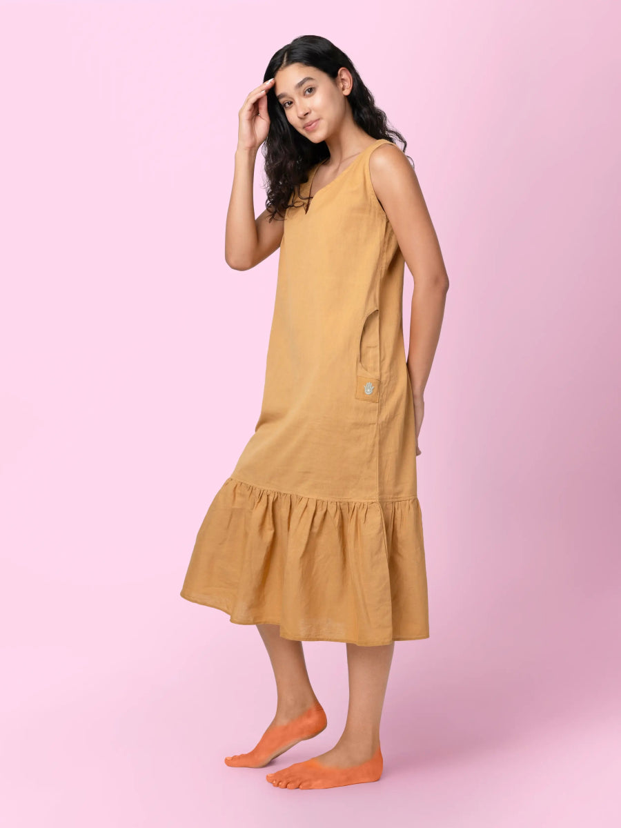 Kendey – Organic Cotton Linen Tiered Midi Dress – Womens Dress by Phuhar's available on Brown Living™. Mustard Xs. SKU: pH1461. Img 2.