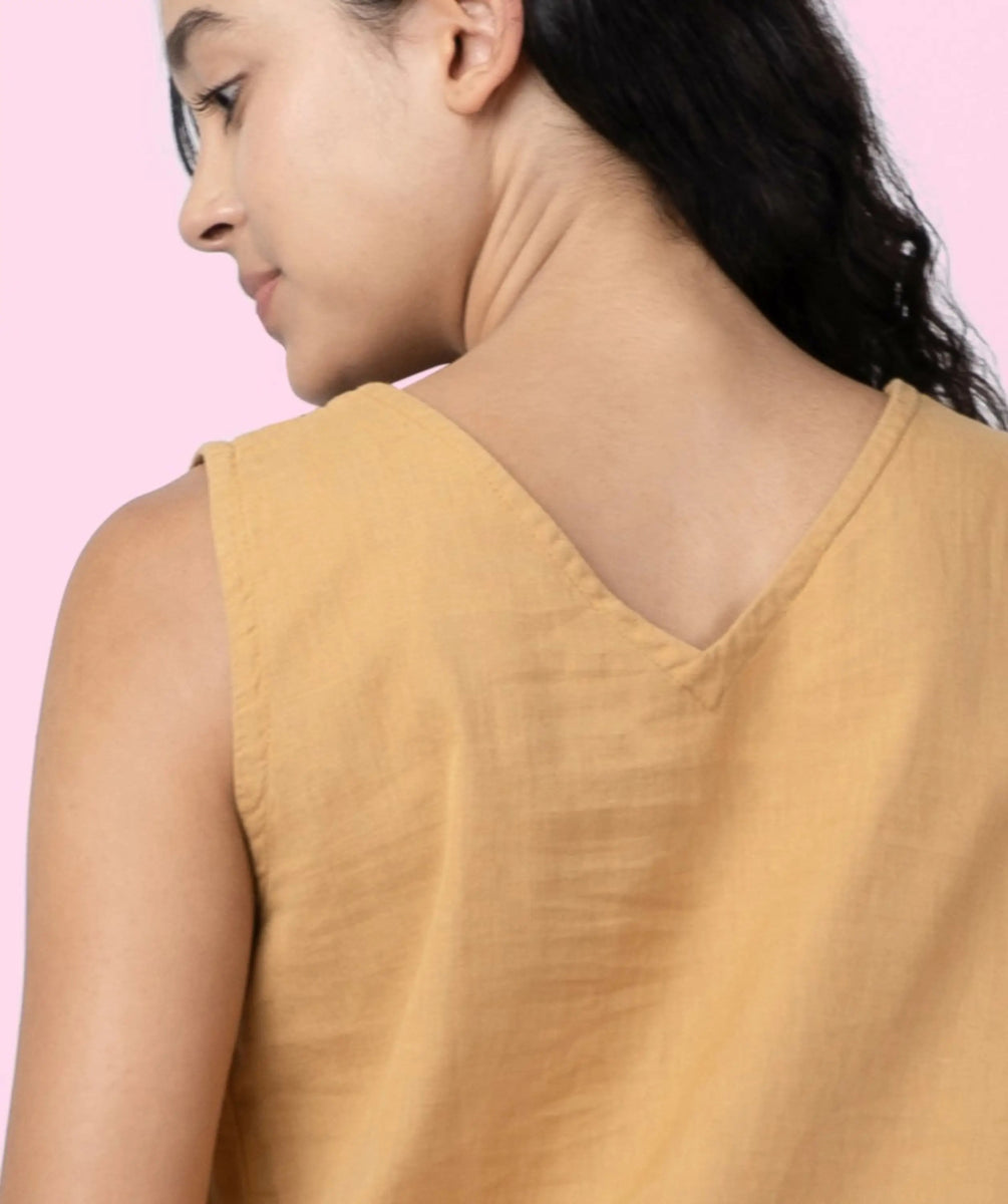 Kendey – Organic Cotton Linen Tiered Midi Dress – Womens Dress by Phuhar's available on Brown Living™. Mustard Xs. SKU: pH1461. Img 5.