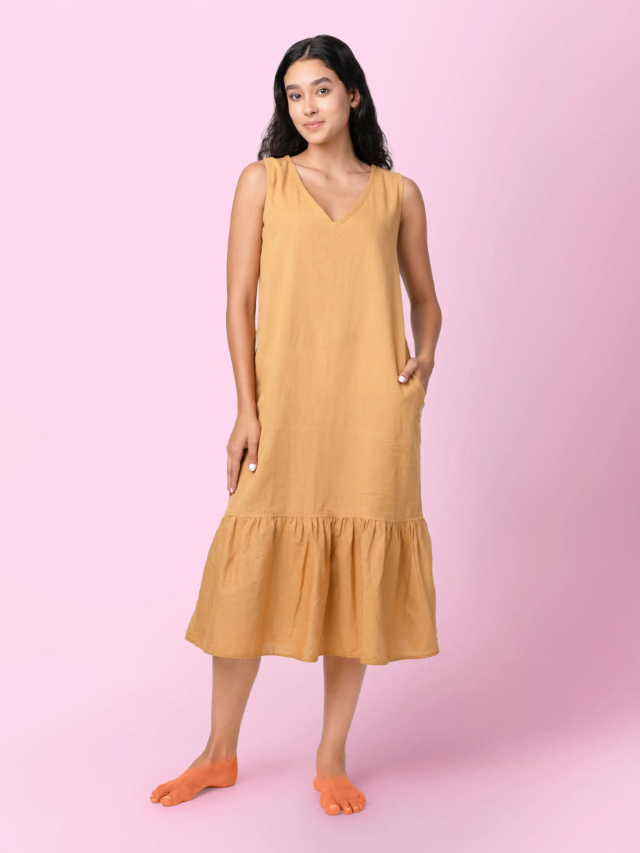 Kendey – Organic Cotton Linen Tiered Midi Dress – Womens Dress by Phuhar's available on Brown Living™. Mustard Xs. SKU: pH1461. Img 1.