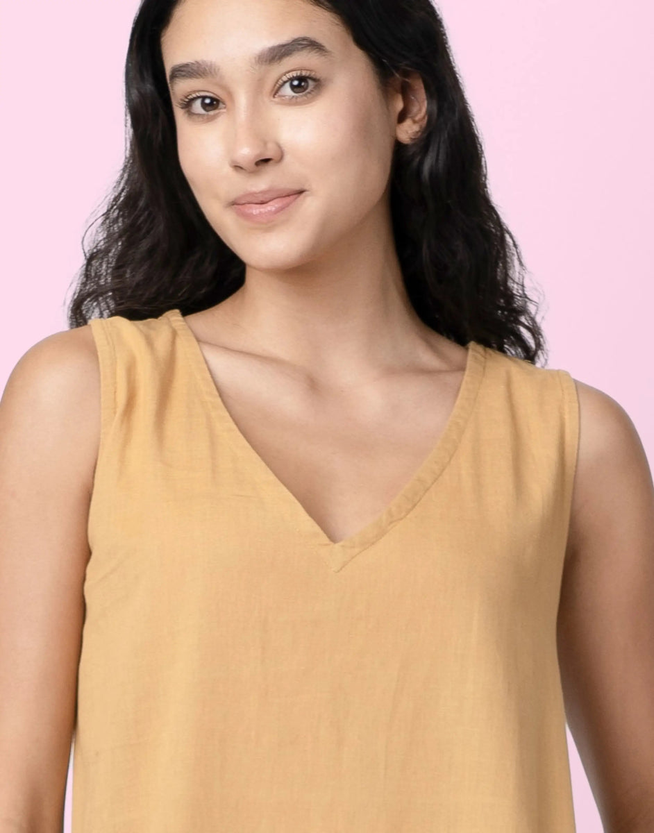 Kendey – Organic Cotton Linen Tiered Midi Dress – Womens Dress by Phuhar's available on Brown Living™. Mustard Xs. SKU: pH1461. Img 4.