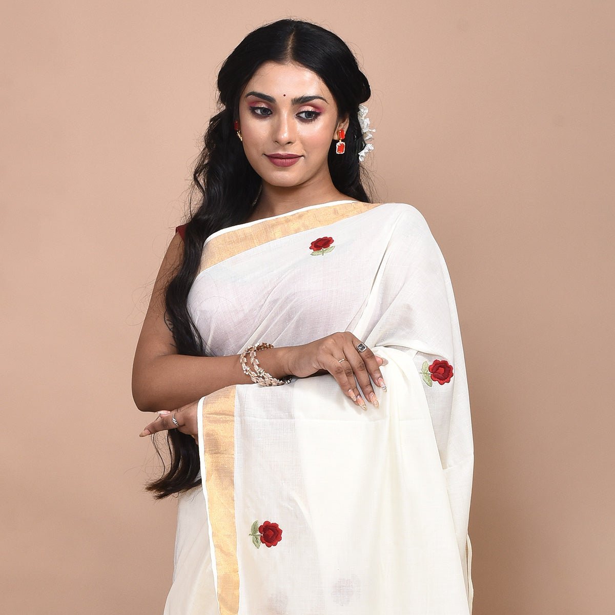 Kerala Cotton Saree with Hand Embroidery – Womens Saree on Brown Living™. SKU: KER-SAR-01. Img 19.