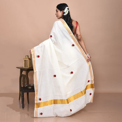 Kerala Cotton Saree with Hand Embroidery – Womens Saree on Brown Living™. SKU: KER-SAR-01. Img 15.