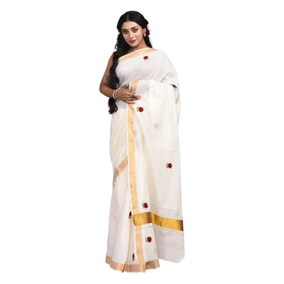 Kerala Cotton Saree with Hand Embroidery – Womens Saree on Brown Living™. SKU: KER-SAR-01. Img 16.