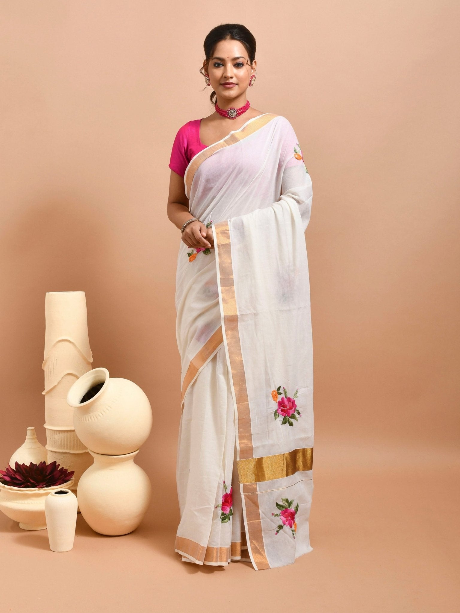 Kerala Cotton Saree with Hand Embroidery – Womens Saree on Brown Living™. SKU: KER - SAR - 11. Img 12.