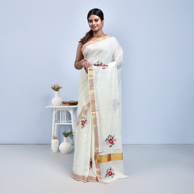 Kerala Cotton Saree with Hand Embroidery – Womens Saree on Brown Living™. SKU: KER - SAR - 10. Img 10.
