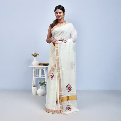 Kerala Cotton Saree with Hand Embroidery – Womens Saree on Brown Living™. SKU: KER - SAR - 10. Img 10.