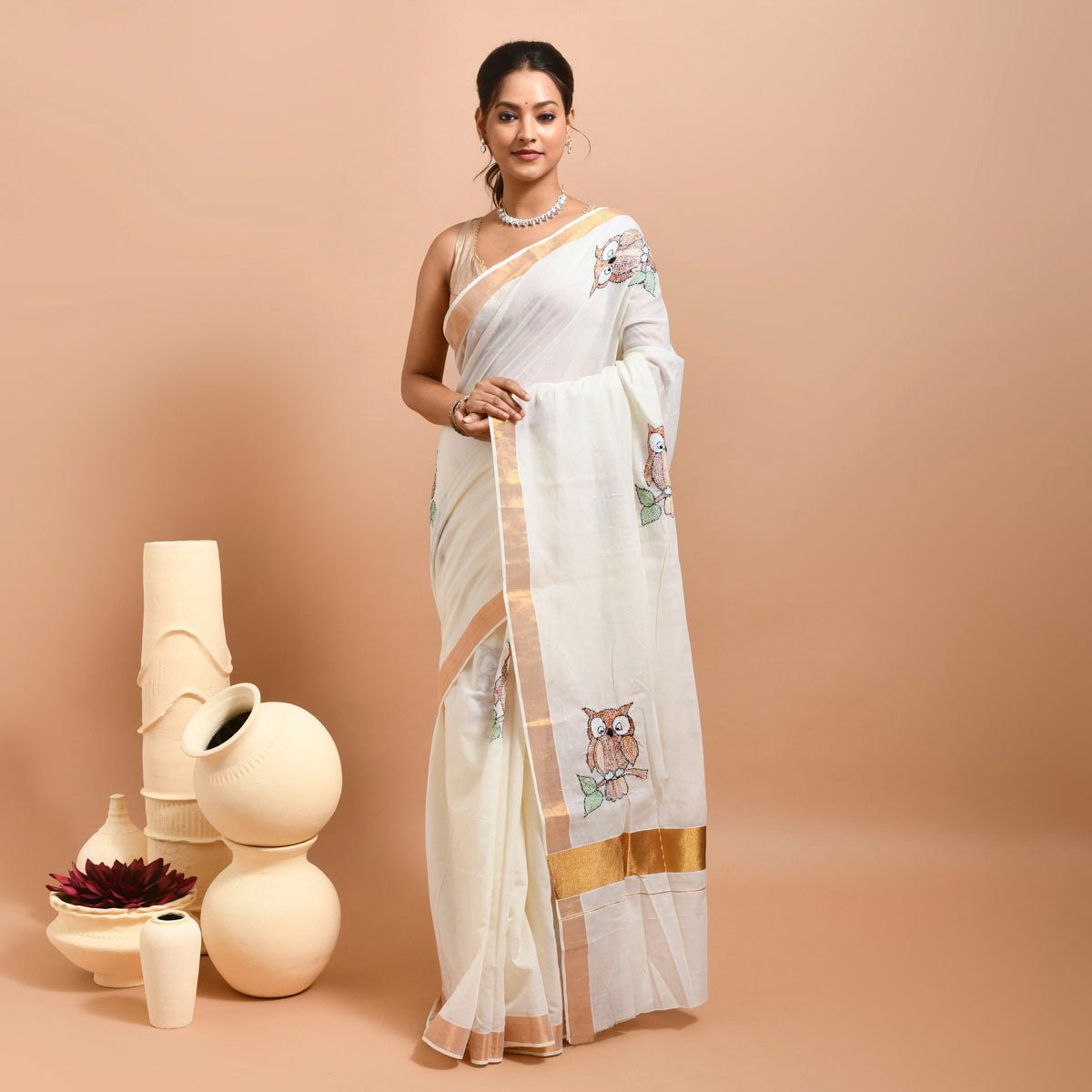 Kerala Cotton Saree with Hand Embroidery – Womens Saree by Stotra available on Brown Living™. Owl Design . SKU: KER - SAR - 05. Img 5.