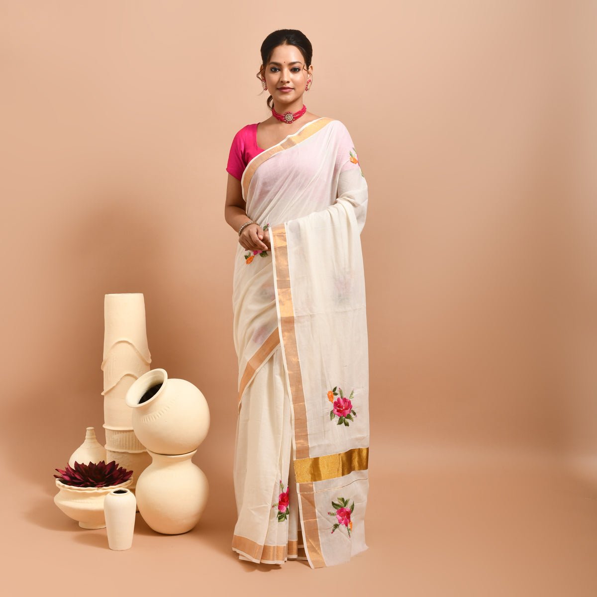 Kerala Cotton Saree with Hand Embroidery – Womens Saree by Stotra available on Brown Living™. Pink Roses . SKU: KER - SAR - 11. Img 11.