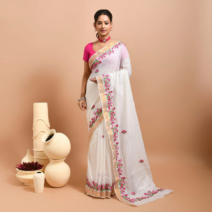 Kerala Cotton Saree with Hand Embroidery – Womens Saree on Brown Living™. SKU: KER - SAR - 04. Img 5.