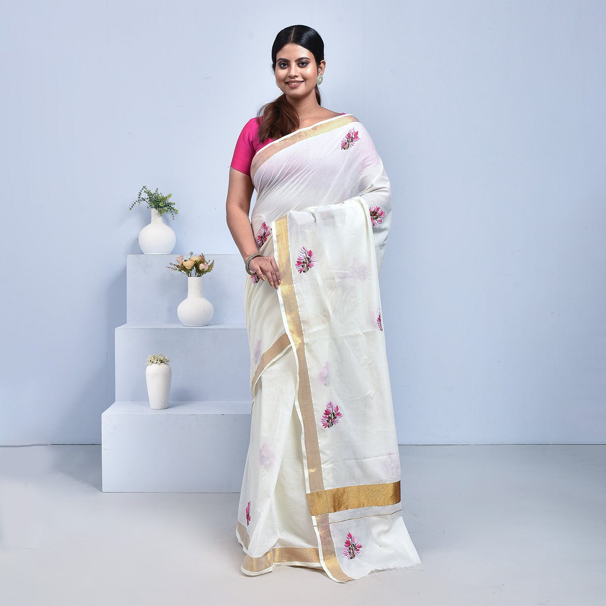 Kerala Cotton Saree with Hand Embroidery – Womens Saree by Stotra available on Brown Living™. Tulips . SKU: KER - SAR - 07. Img 8.