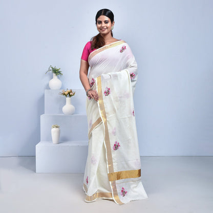 Kerala Cotton Saree with Hand Embroidery – Womens Saree on Brown Living™. SKU: KER - SAR - 07. Img 7.