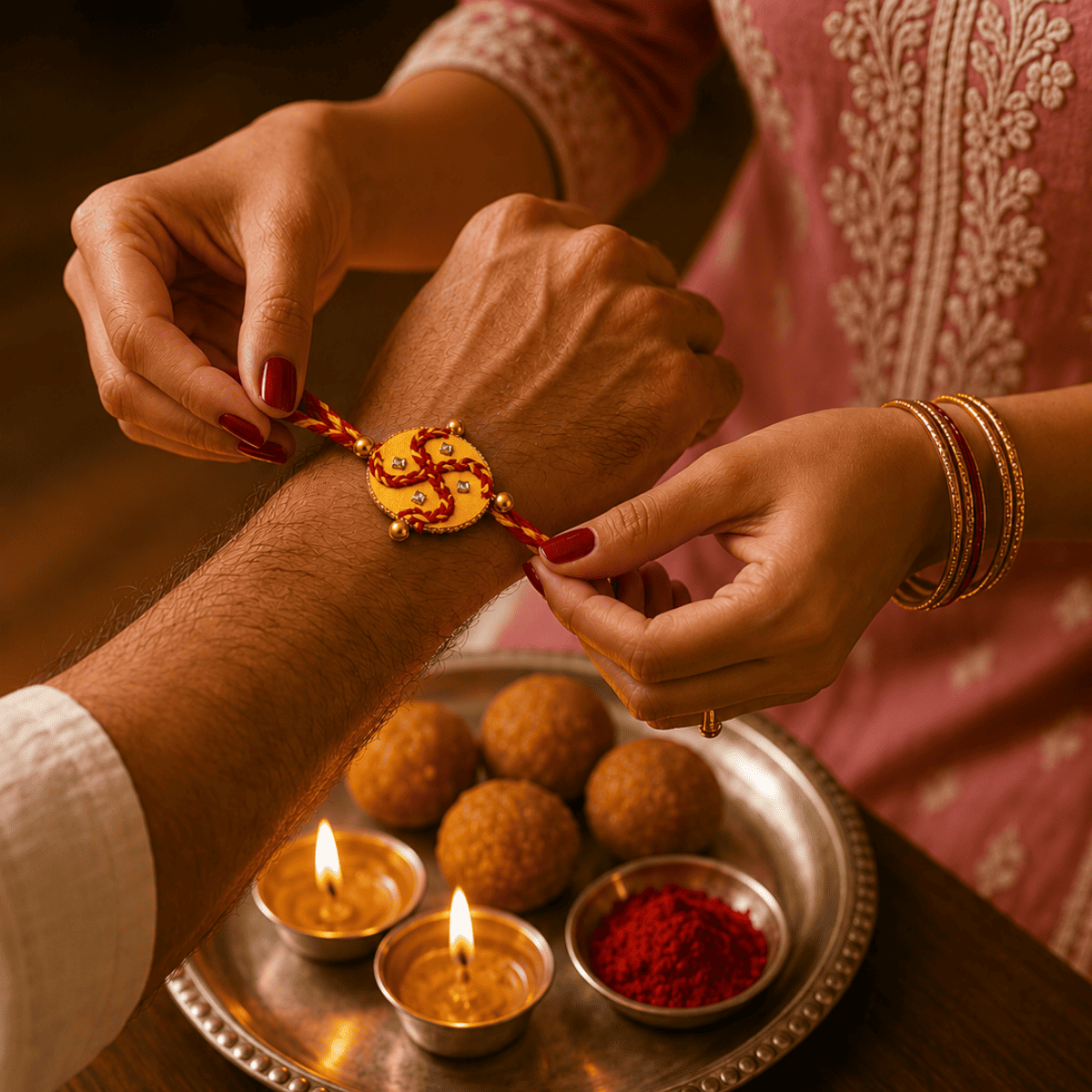 Kesar Swastik Rakhi | Handmade Auspicious Swastik Rakhi – Rakhi on Brown Living™. SKU: AM-RAK-Kesar. Img 1.