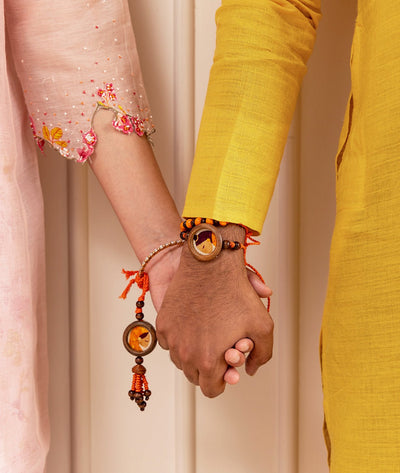 Kesariya Rakhi & Lumba Set | Handmade Bhaiya Bhabhi Rakhi Gift Set – Rakhi on Brown Living™. SKU: GUL-09. Img 3.