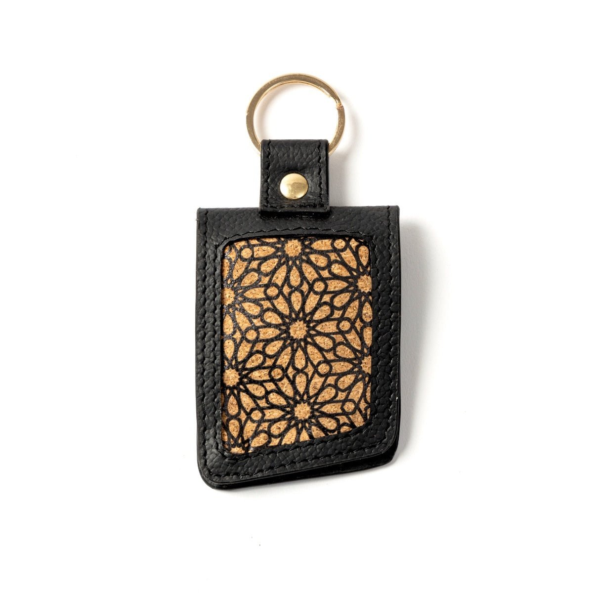Keychain with Name Tag Pocket – Plant Leather & Printed Cork (Black) – Travel Accessories on Brown Living™. SKU: CPKCGH001. Img 1.