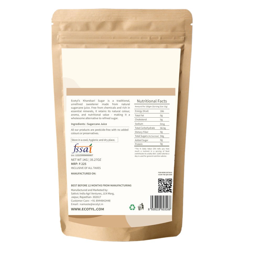 Khandsari Sugar | Unrefined Natural Sweetener | Rich in Minerals | 1kg – Confectionaries by Ecotyl available on Brown Living™. . SKU: ECOTYL00040. Img 6.