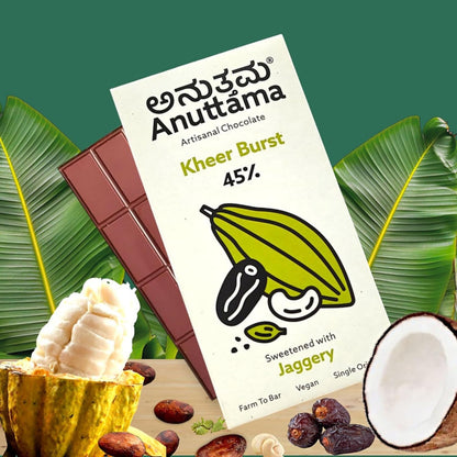 Kheer Burst | 45% Cocoa | Sweetened with Jaggery Dates – Chocolates on Brown Living™. SKU: 8931500314767. Img 1.