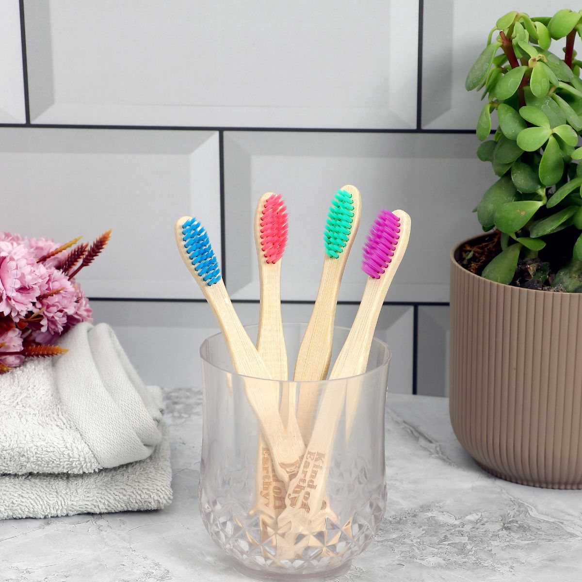 Kids Bamboo Toothbrush Pack of 4 | Colorful Soft Bristles – Tooth Brush on Brown Living™. SKU: KOE-016-KI. Img 1.