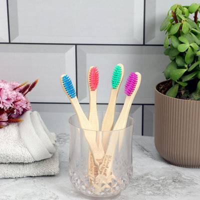 Kids Bamboo Toothbrush Pack of 4 | Colorful Soft Bristles – Tooth Brush on Brown Living™. SKU: KOE-016-KI. Img 1.