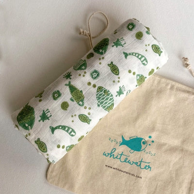 Kids Organic Cotton Koi Mint Swaddle – Baby Swaddle on Brown Living™. SKU: KOI - MNT - SWD. Img 1.
