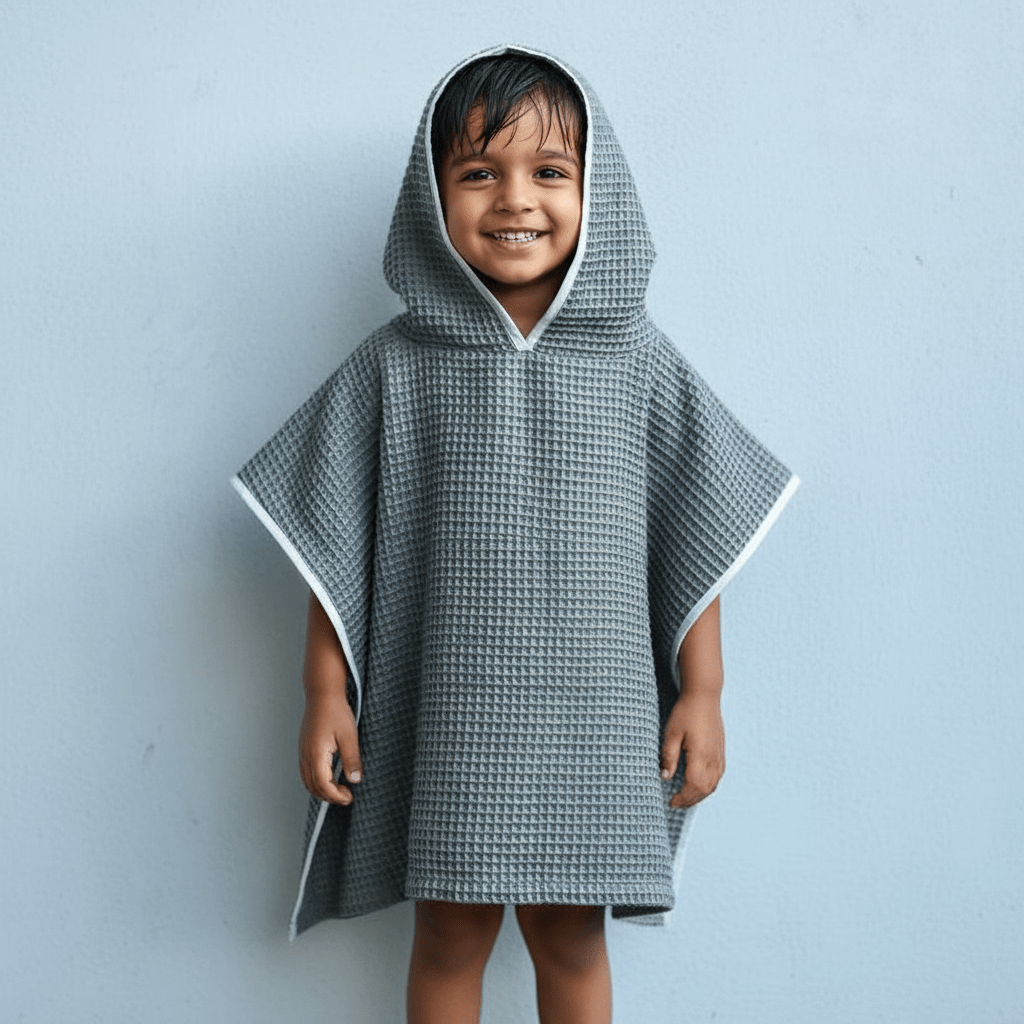 Kids Organic Cotton Waffle Hooded Poncho Towel Set – Kids Travel Accessories on Brown Living™. SKU: PON-TWL-NAT. Img 5.