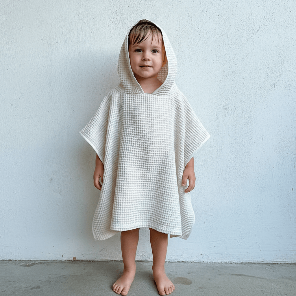 Kids Organic Cotton Waffle Hooded Poncho Towel Set – Kids Travel Accessories on Brown Living™. SKU: PON-TWL-NAT. Img 2.