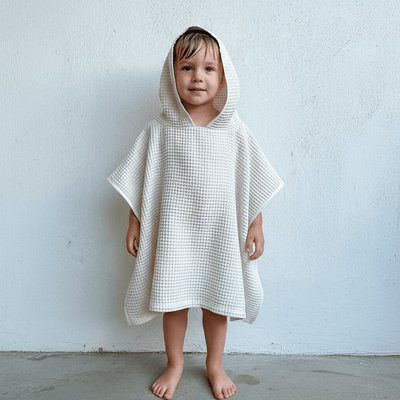 Kids Organic Cotton Waffle Hooded Poncho Towel Set – Kids Travel Accessories on Brown Living™. SKU: PON-TWL-NAT. Img 2.